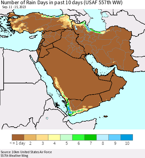 Middle East and Turkey Number of Rain Days in past 10 days (USAF 557th WW) Thematic Map For 9/11/2023 - 9/15/2023