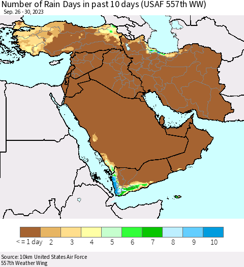 Middle East and Turkey Number of Rain Days in past 10 days (USAF 557th WW) Thematic Map For 9/26/2023 - 9/30/2023