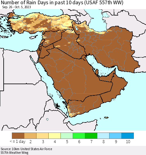 Middle East and Turkey Number of Rain Days in past 10 days (USAF 557th WW) Thematic Map For 10/1/2023 - 10/5/2023