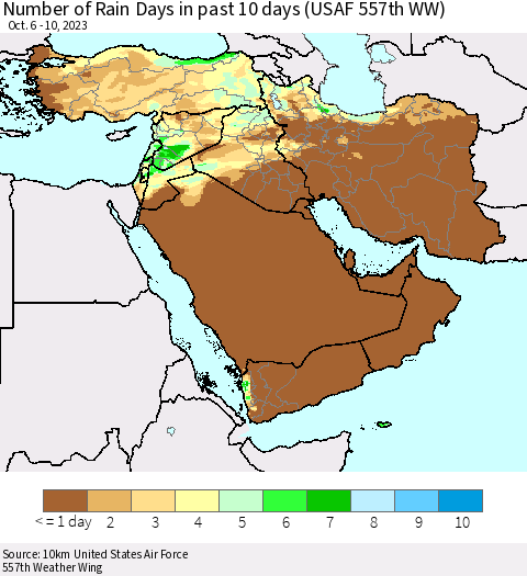 Middle East and Turkey Number of Rain Days in past 10 days (USAF 557th WW) Thematic Map For 10/6/2023 - 10/10/2023
