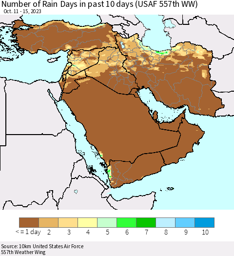 Middle East and Turkey Number of Rain Days in past 10 days (USAF 557th WW) Thematic Map For 10/11/2023 - 10/15/2023