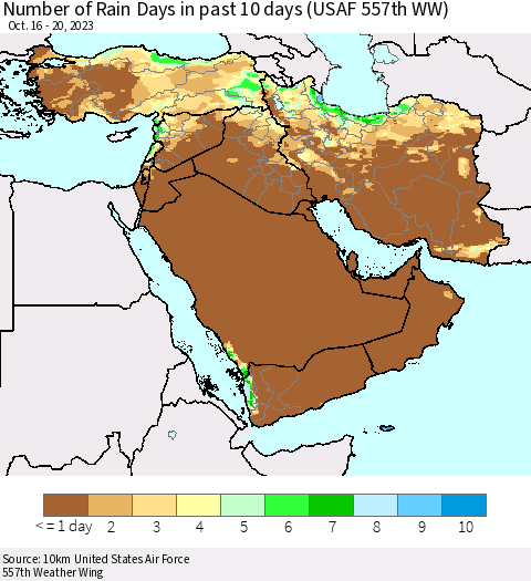 Middle East and Turkey Number of Rain Days in past 10 days (USAF 557th WW) Thematic Map For 10/16/2023 - 10/20/2023