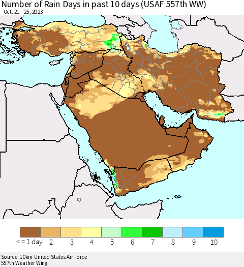 Middle East and Turkey Number of Rain Days in past 10 days (USAF 557th WW) Thematic Map For 10/21/2023 - 10/25/2023