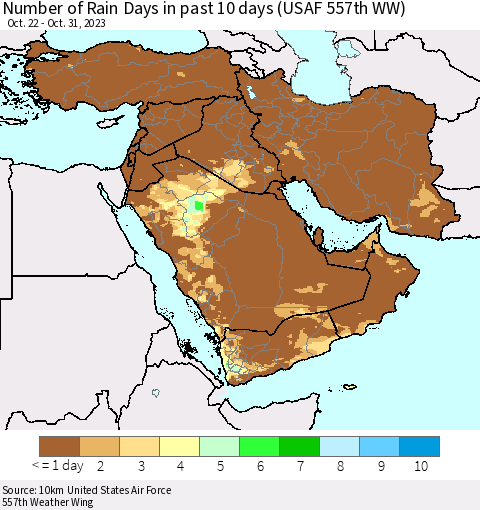 Middle East and Turkey Number of Rain Days in past 10 days (USAF 557th WW) Thematic Map For 10/26/2023 - 10/31/2023