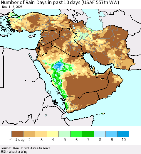 Middle East and Turkey Number of Rain Days in past 10 days (USAF 557th WW) Thematic Map For 11/1/2023 - 11/5/2023