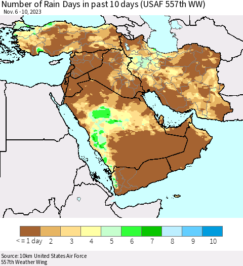 Middle East and Turkey Number of Rain Days in past 10 days (USAF 557th WW) Thematic Map For 11/6/2023 - 11/10/2023