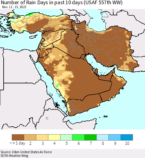 Middle East and Turkey Number of Rain Days in past 10 days (USAF 557th WW) Thematic Map For 11/11/2023 - 11/15/2023