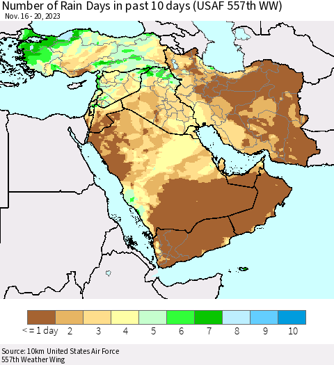 Middle East and Turkey Number of Rain Days in past 10 days (USAF 557th WW) Thematic Map For 11/16/2023 - 11/20/2023