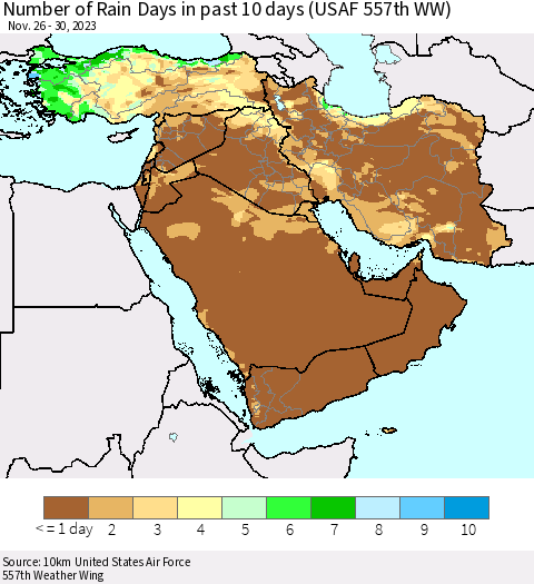 Middle East and Turkey Number of Rain Days in past 10 days (USAF 557th WW) Thematic Map For 11/26/2023 - 11/30/2023