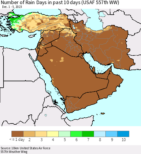 Middle East and Turkey Number of Rain Days in past 10 days (USAF 557th WW) Thematic Map For 12/1/2023 - 12/5/2023