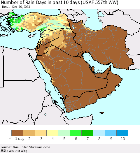 Middle East and Turkey Number of Rain Days in past 10 days (USAF 557th WW) Thematic Map For 12/6/2023 - 12/10/2023