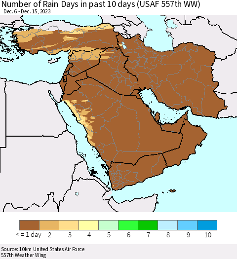 Middle East and Turkey Number of Rain Days in past 10 days (USAF 557th WW) Thematic Map For 12/11/2023 - 12/15/2023