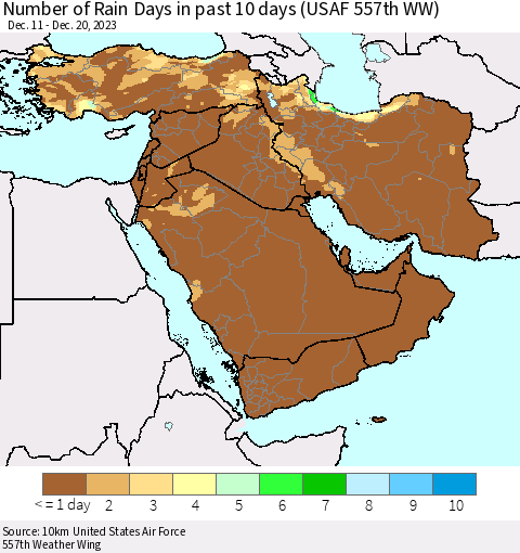 Middle East and Turkey Number of Rain Days in past 10 days (USAF 557th WW) Thematic Map For 12/16/2023 - 12/20/2023