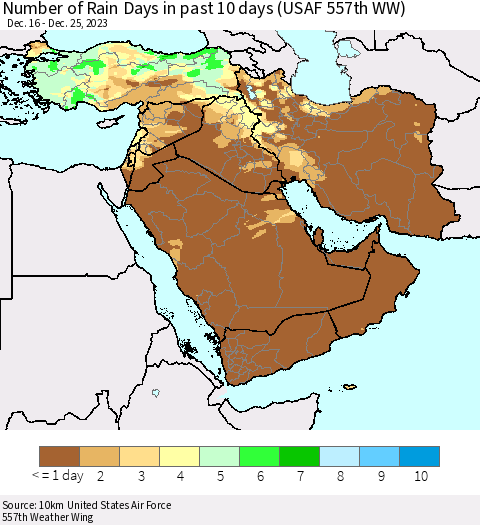 Middle East and Turkey Number of Rain Days in past 10 days (USAF 557th WW) Thematic Map For 12/21/2023 - 12/25/2023