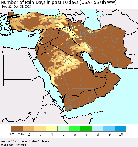 Middle East and Turkey Number of Rain Days in past 10 days (USAF 557th WW) Thematic Map For 12/26/2023 - 12/31/2023