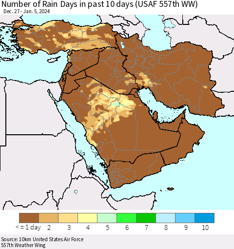 Middle East and Turkey Number of Rain Days in past 10 days (USAF 557th WW) Thematic Map For 1/1/2024 - 1/5/2024