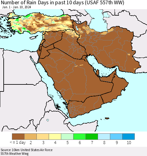 Middle East and Turkey Number of Rain Days in past 10 days (USAF 557th WW) Thematic Map For 1/6/2024 - 1/10/2024