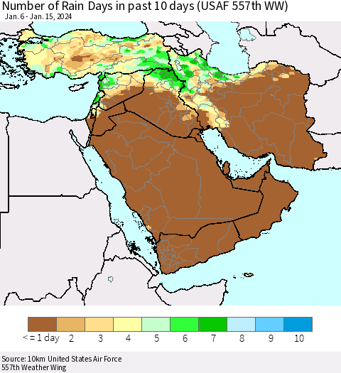 Middle East and Turkey Number of Rain Days in past 10 days (USAF 557th WW) Thematic Map For 1/11/2024 - 1/15/2024