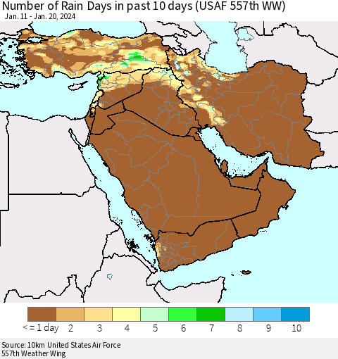 Middle East and Turkey Number of Rain Days in past 10 days (USAF 557th WW) Thematic Map For 1/16/2024 - 1/20/2024