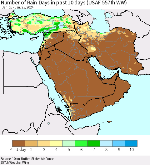 Middle East and Turkey Number of Rain Days in past 10 days (USAF 557th WW) Thematic Map For 1/21/2024 - 1/25/2024