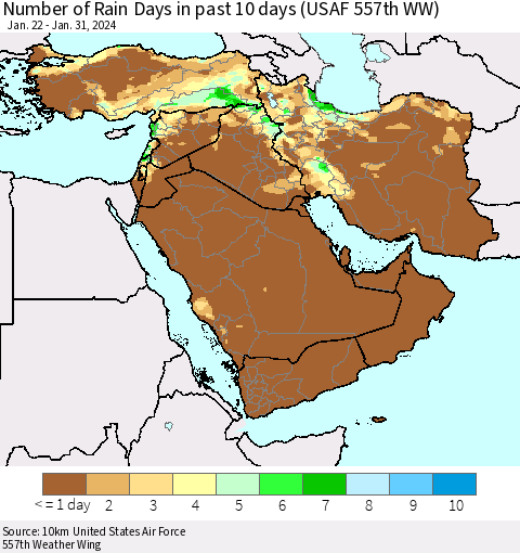 Middle East and Turkey Number of Rain Days in past 10 days (USAF 557th WW) Thematic Map For 1/26/2024 - 1/31/2024