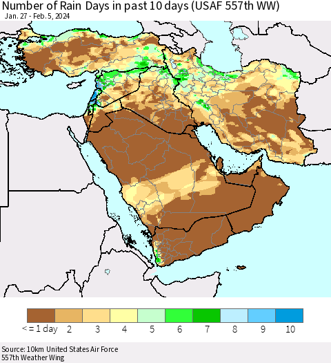 Middle East and Turkey Number of Rain Days in past 10 days (USAF 557th WW) Thematic Map For 2/1/2024 - 2/5/2024