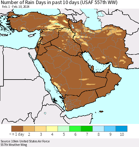 Middle East and Turkey Number of Rain Days in past 10 days (USAF 557th WW) Thematic Map For 2/6/2024 - 2/10/2024
