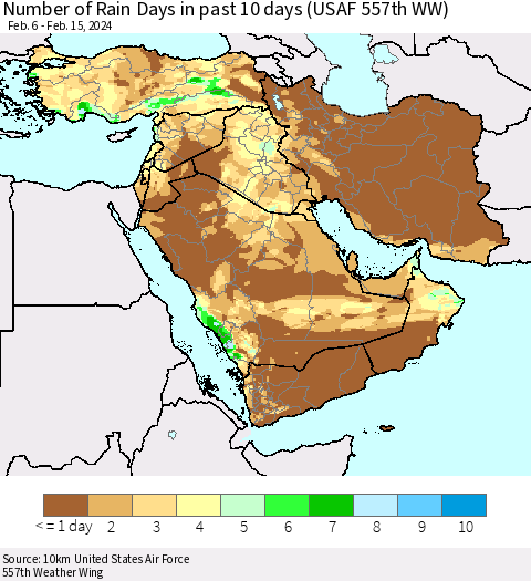 Middle East and Turkey Number of Rain Days in past 10 days (USAF 557th WW) Thematic Map For 2/11/2024 - 2/15/2024