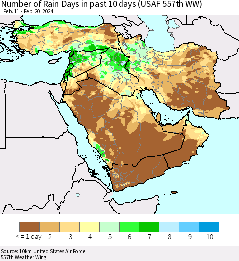 Middle East and Turkey Number of Rain Days in past 10 days (USAF 557th WW) Thematic Map For 2/16/2024 - 2/20/2024