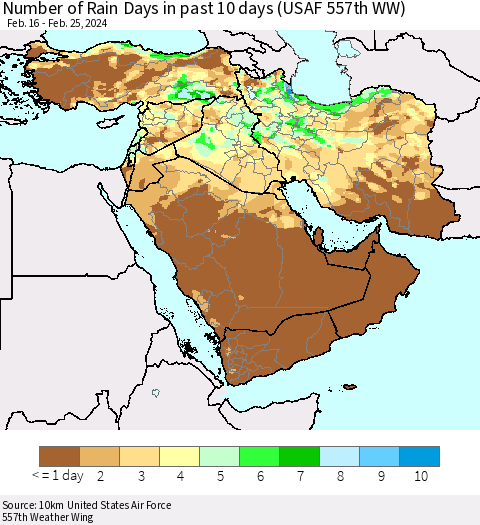 Middle East and Turkey Number of Rain Days in past 10 days (USAF 557th WW) Thematic Map For 2/21/2024 - 2/25/2024