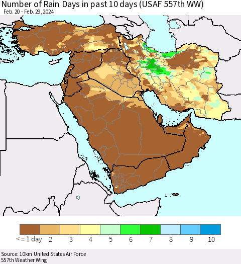 Middle East and Turkey Number of Rain Days in past 10 days (USAF 557th WW) Thematic Map For 2/26/2024 - 2/29/2024