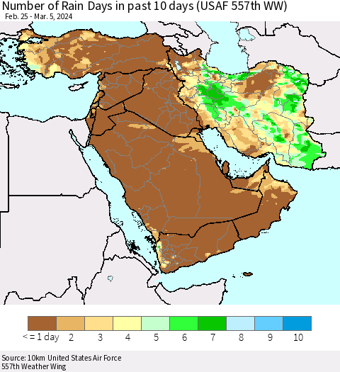 Middle East and Turkey Number of Rain Days in past 10 days (USAF 557th WW) Thematic Map For 3/1/2024 - 3/5/2024