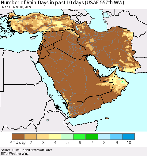 Middle East and Turkey Number of Rain Days in past 10 days (USAF 557th WW) Thematic Map For 3/6/2024 - 3/10/2024