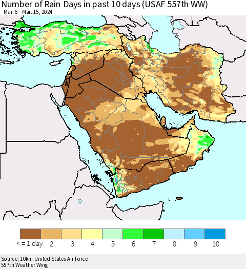 Middle East and Turkey Number of Rain Days in past 10 days (USAF 557th WW) Thematic Map For 3/11/2024 - 3/15/2024