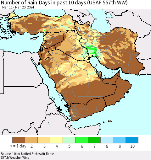 Middle East and Turkey Number of Rain Days in past 10 days (USAF 557th WW) Thematic Map For 3/16/2024 - 3/20/2024