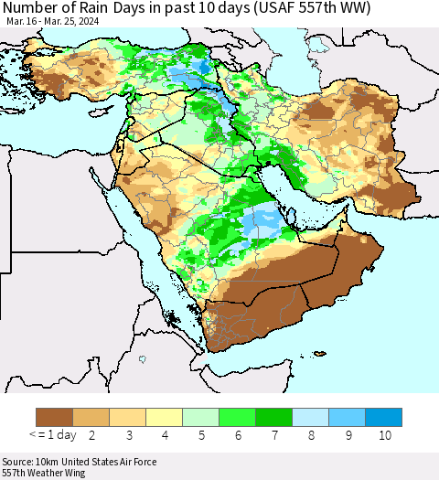 Middle East and Turkey Number of Rain Days in past 10 days (USAF 557th WW) Thematic Map For 3/21/2024 - 3/25/2024