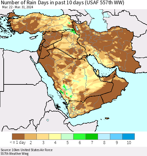 Middle East and Turkey Number of Rain Days in past 10 days (USAF 557th WW) Thematic Map For 3/26/2024 - 3/31/2024