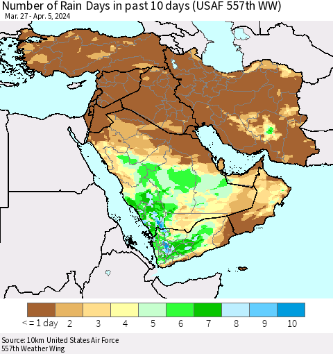 Middle East and Turkey Number of Rain Days in past 10 days (USAF 557th WW) Thematic Map For 4/1/2024 - 4/5/2024