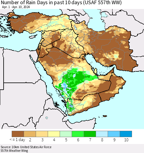 Middle East and Turkey Number of Rain Days in past 10 days (USAF 557th WW) Thematic Map For 4/6/2024 - 4/10/2024