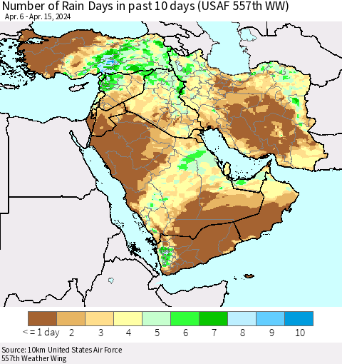 Middle East and Turkey Number of Rain Days in past 10 days (USAF 557th WW) Thematic Map For 4/11/2024 - 4/15/2024