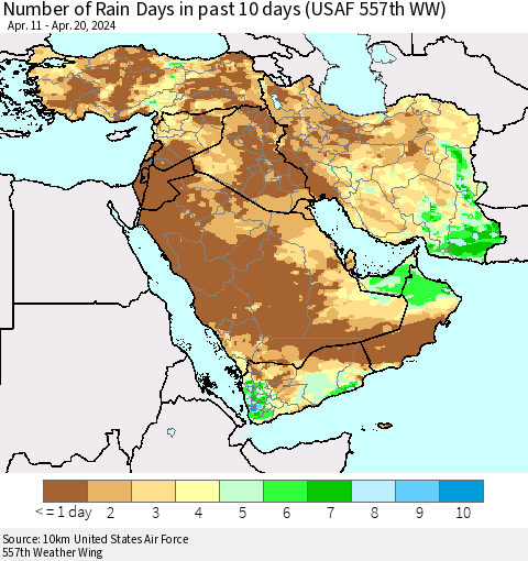 Middle East and Turkey Number of Rain Days in past 10 days (USAF 557th WW) Thematic Map For 4/16/2024 - 4/20/2024