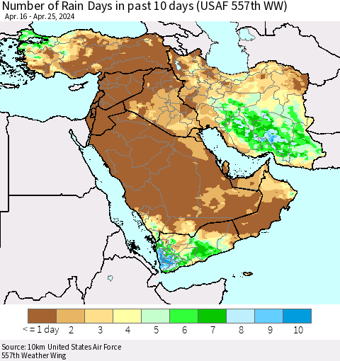 Middle East and Turkey Number of Rain Days in past 10 days (USAF 557th WW) Thematic Map For 4/21/2024 - 4/25/2024