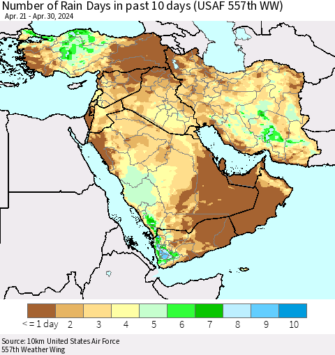 Middle East and Turkey Number of Rain Days in past 10 days (USAF 557th WW) Thematic Map For 4/26/2024 - 4/30/2024