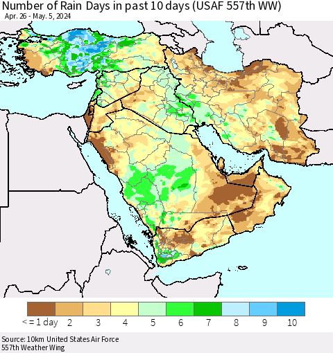 Middle East and Turkey Number of Rain Days in past 10 days (USAF 557th WW) Thematic Map For 5/1/2024 - 5/5/2024
