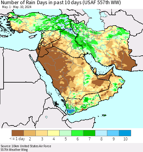 Middle East and Turkey Number of Rain Days in past 10 days (USAF 557th WW) Thematic Map For 5/6/2024 - 5/10/2024