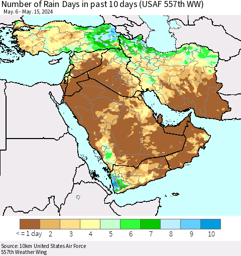 Middle East and Turkey Number of Rain Days in past 10 days (USAF 557th WW) Thematic Map For 5/11/2024 - 5/15/2024