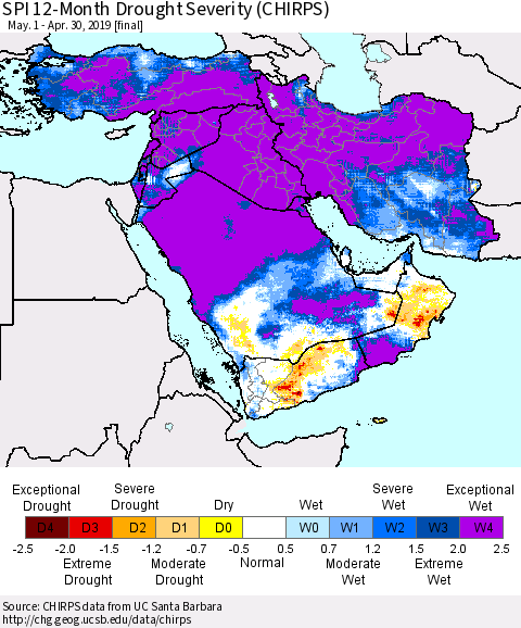 Middle East and Turkey SPI 12-Month Drought Severity (CHIRPS) Thematic Map For 5/1/2018 - 4/30/2019