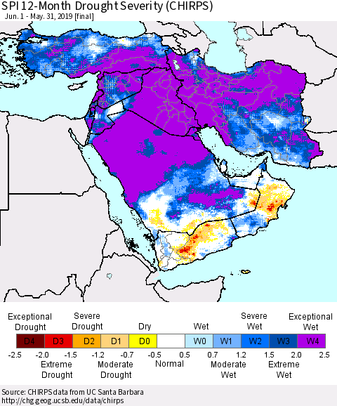 Middle East and Turkey SPI 12-Month Drought Severity (CHIRPS) Thematic Map For 6/1/2018 - 5/31/2019