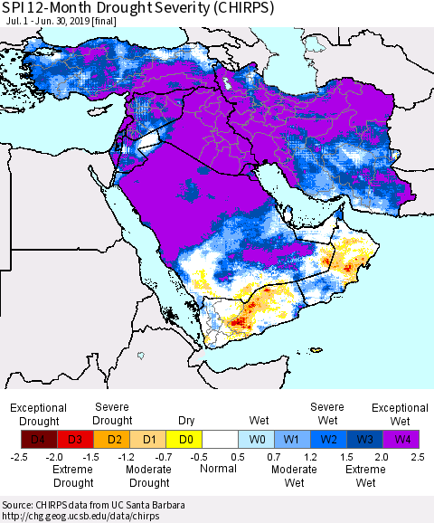 Middle East and Turkey SPI 12-Month Drought Severity (CHIRPS) Thematic Map For 7/1/2018 - 6/30/2019
