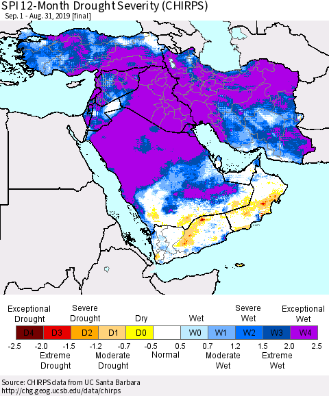 Middle East and Turkey SPI 12-Month Drought Severity (CHIRPS) Thematic Map For 9/1/2018 - 8/31/2019